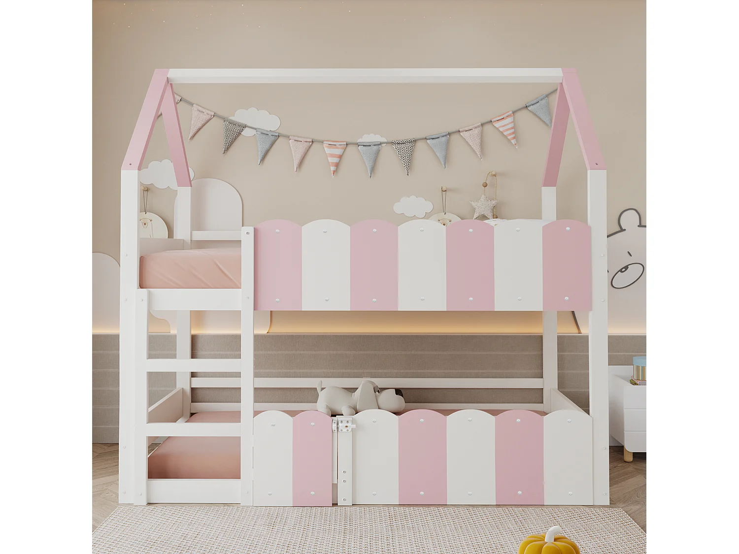 Lit superposés pour enfant - 2 x 90 x 200 cm - design maison avec barrières de sécurité - bois - rose + blanc