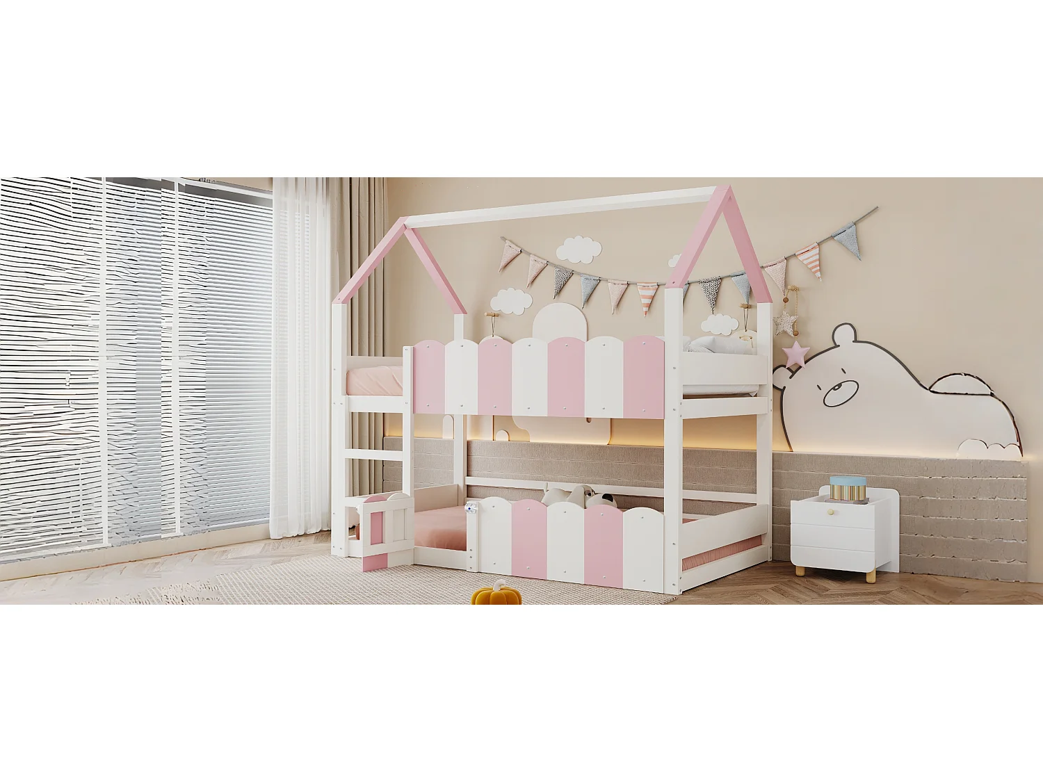 Lit superposés pour enfant - 2 x 90 x 200 cm - design maison avec barrières de sécurité - bois - rose + blanc