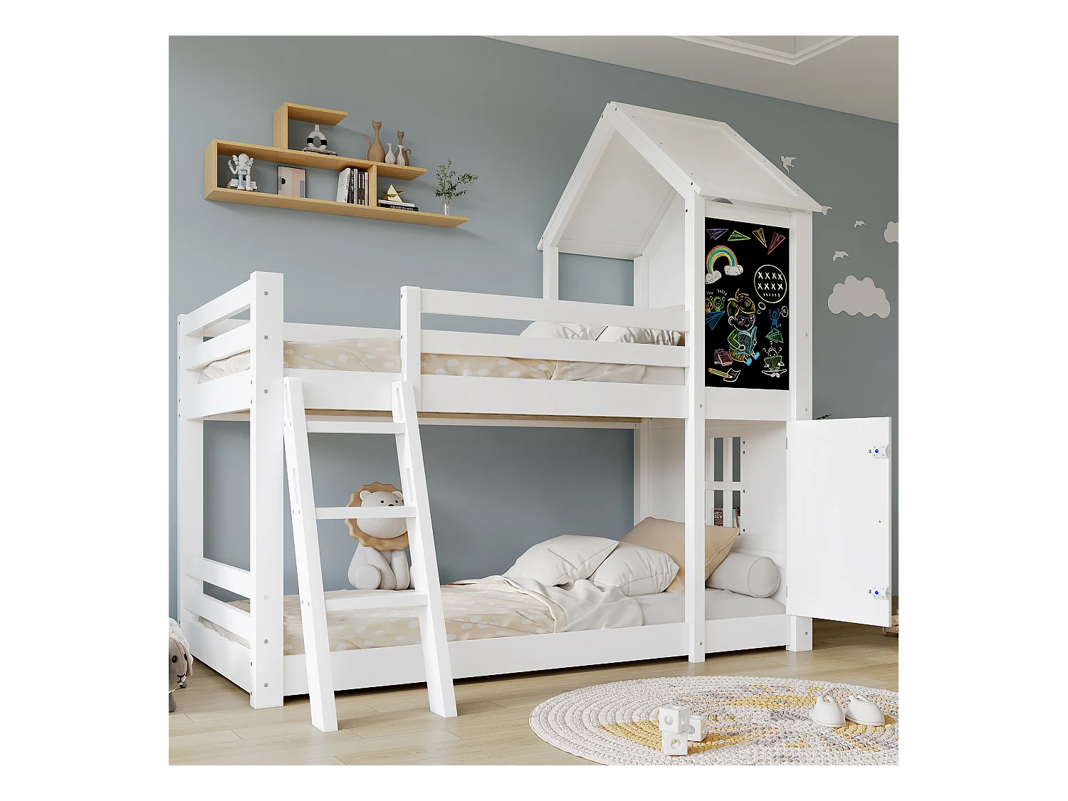 Litera infantil - 2 x 90 x 200 cm - con 1 puerta + 1 cuadro + ventanas y techo - pino + MDF + PB + contrachapado - blanco