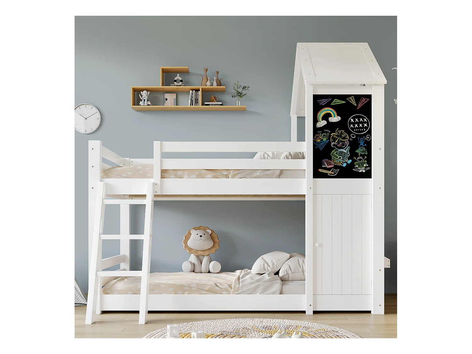 Litera infantil - 2 x 90 x 200 cm - con 1 puerta + 1 cuadro + ventanas y techo - pino + MDF + PB + contrachapado - blanco