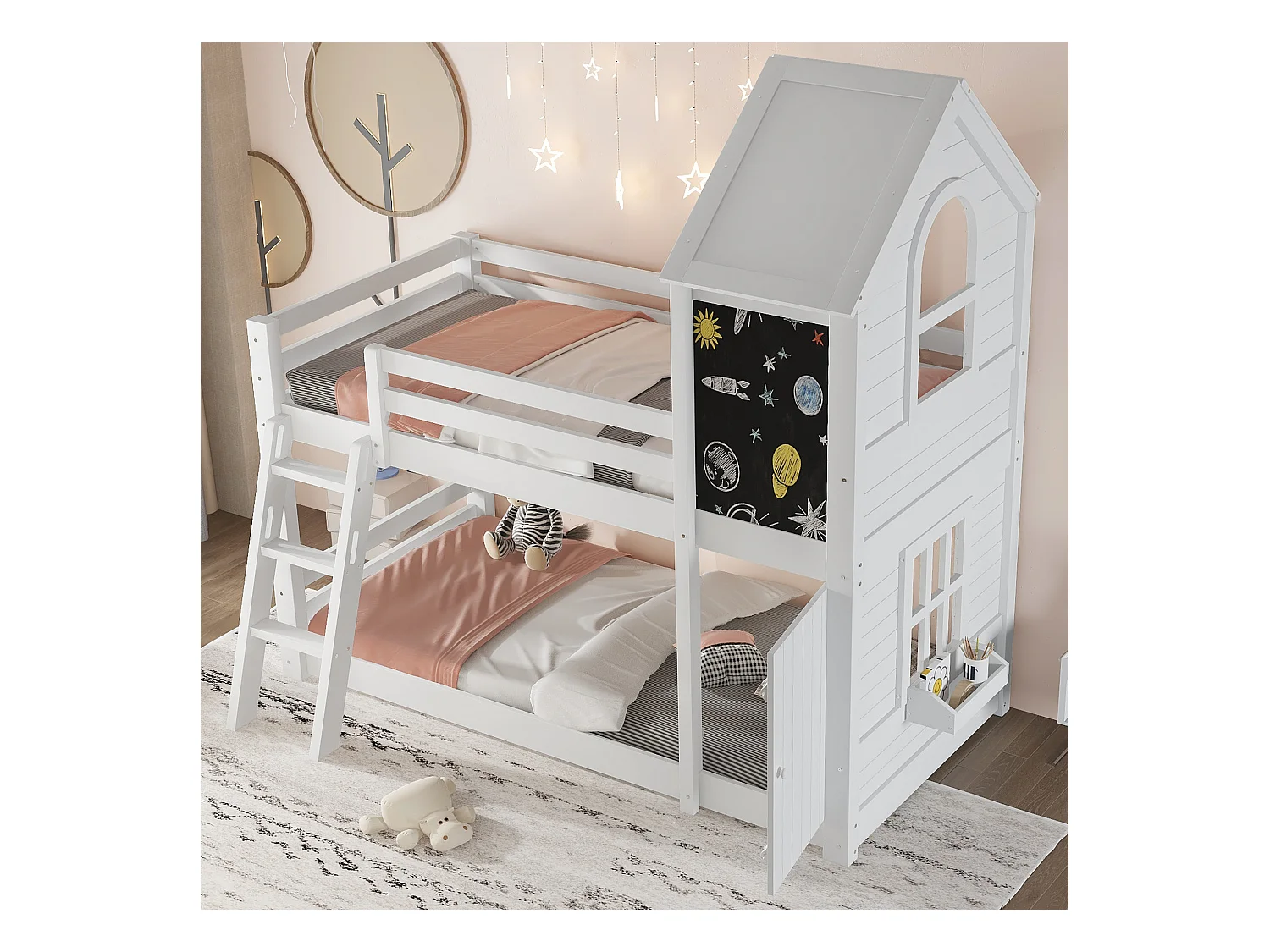 Litera infantil - 2 x 90 x 200 cm - con 1 puerta + 1 cuadro + ventanas y techo - pino + MDF + PB + contrachapado - blanco