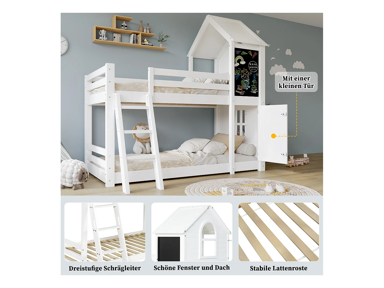 Litera infantil - 2 x 90 x 200 cm - con 1 puerta + 1 cuadro + ventanas y techo - pino + MDF + PB + contrachapado - blanco