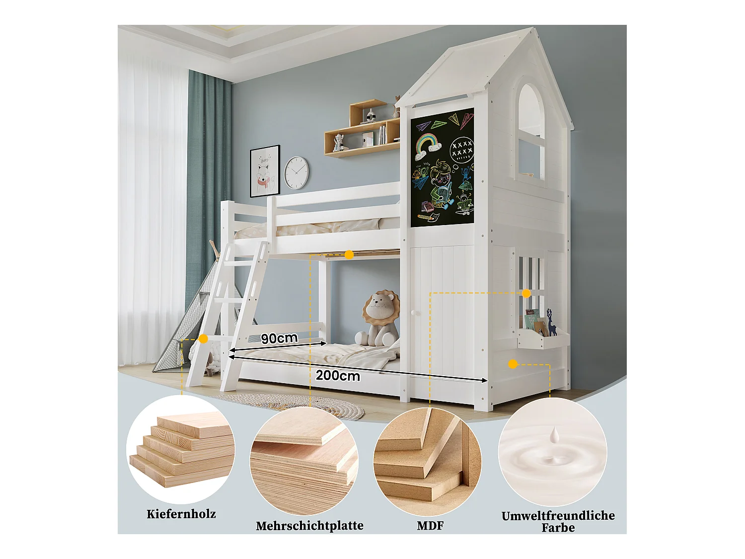 Litera infantil - 2 x 90 x 200 cm - con 1 puerta + 1 cuadro + ventanas y techo - pino + MDF + PB + contrachapado - blanco