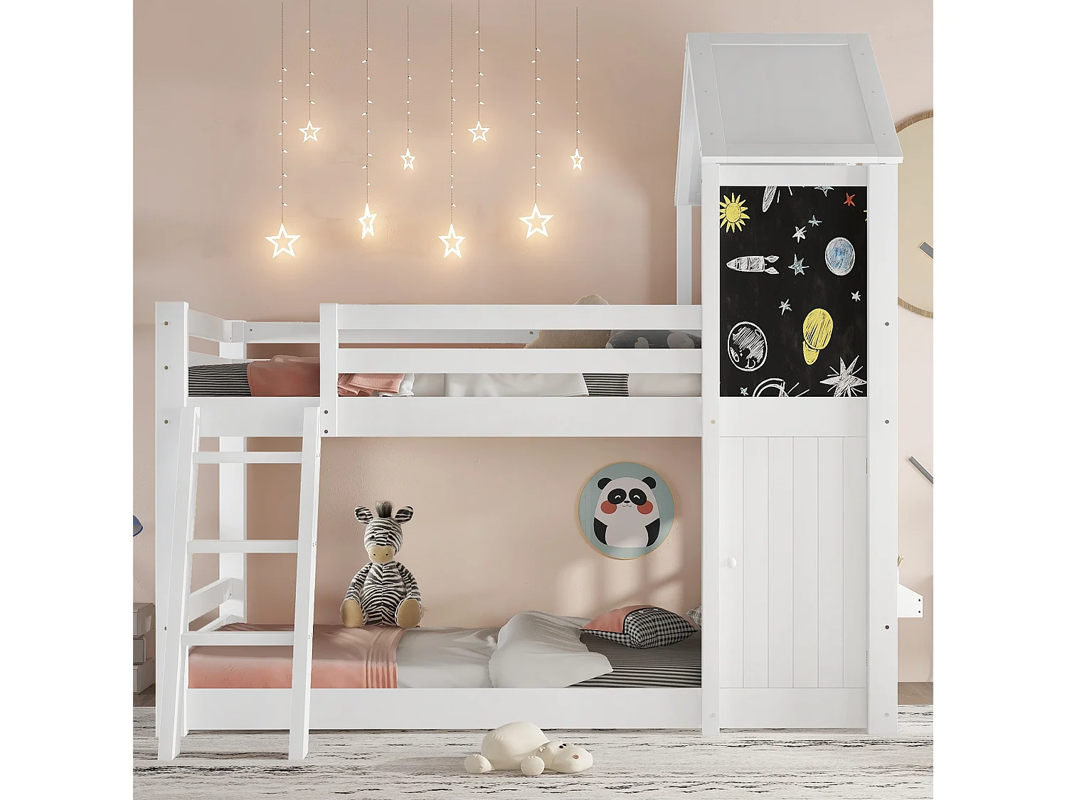Letto a castello per bambini - 2 x 90 x 200 cm - con 1 porta + 1 quadro + finestre e tetto - pino + MDF + PB + compensato - bianco