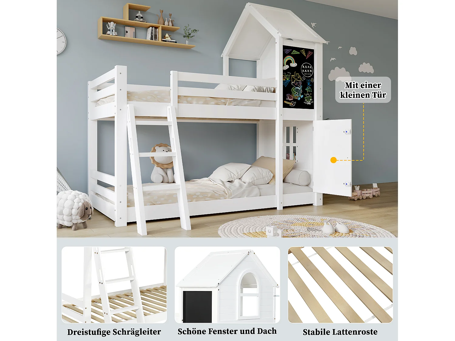 Letto a castello per bambini - 2 x 90 x 200 cm - con 1 porta + 1 quadro + finestre e tetto - pino + MDF + PB + compensato - bianco