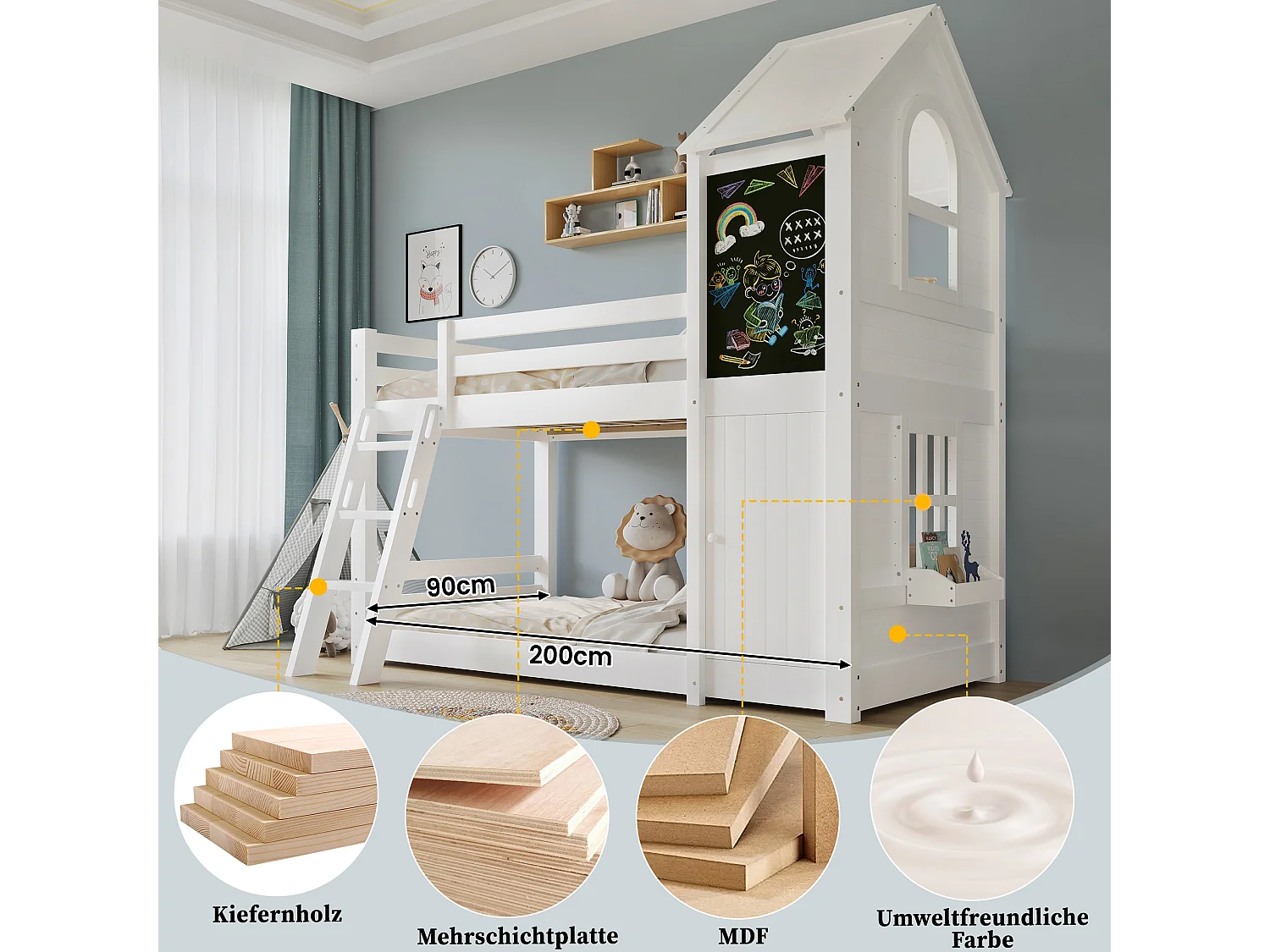 Letto a castello per bambini - 2 x 90 x 200 cm - con 1 porta + 1 quadro + finestre e tetto - pino + MDF + PB + compensato - bianco