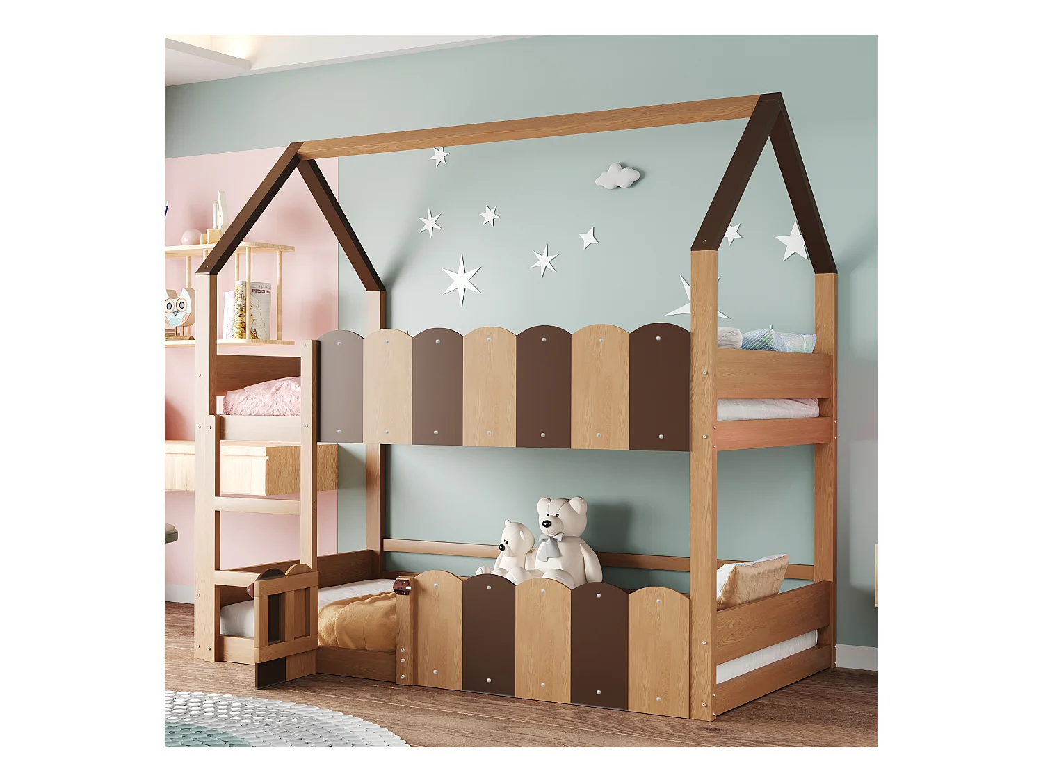 Litera infantil - 2 x 90 x 200 cm - diseño de hogar con barandillas de seguridad - madera - natural