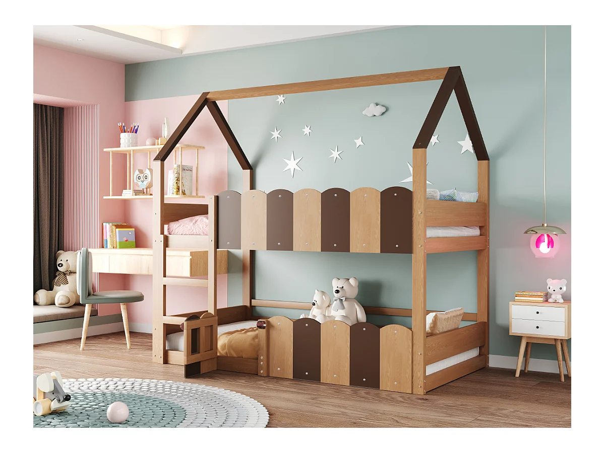 Litera infantil - 2 x 90 x 200 cm - diseño de hogar con barandillas de seguridad - madera - natural
