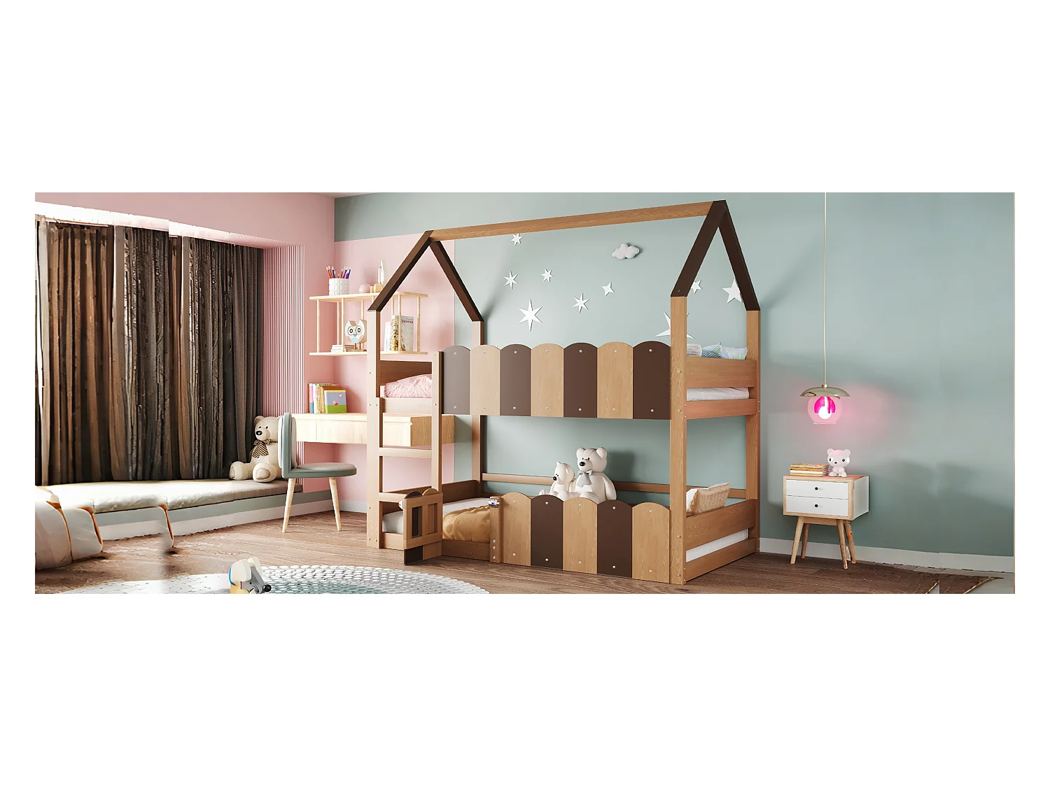 Litera infantil - 2 x 90 x 200 cm - diseño de hogar con barandillas de seguridad - madera - natural
