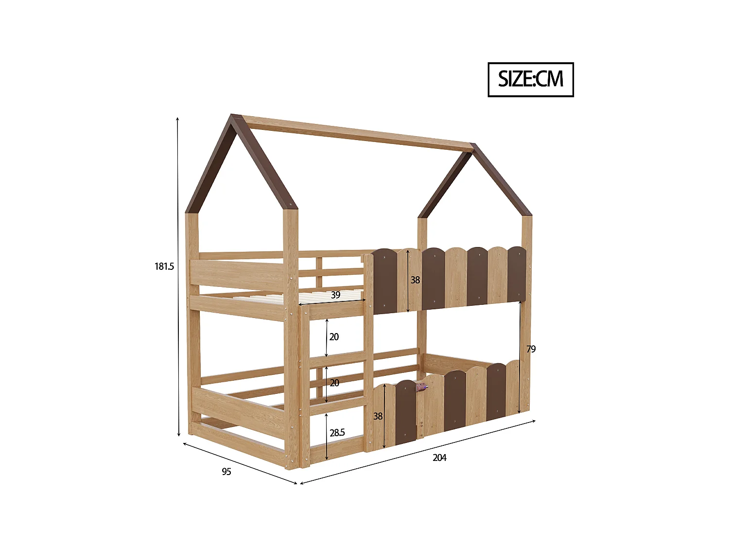 Litera infantil - 2 x 90 x 200 cm - diseño de hogar con barandillas de seguridad - madera - natural