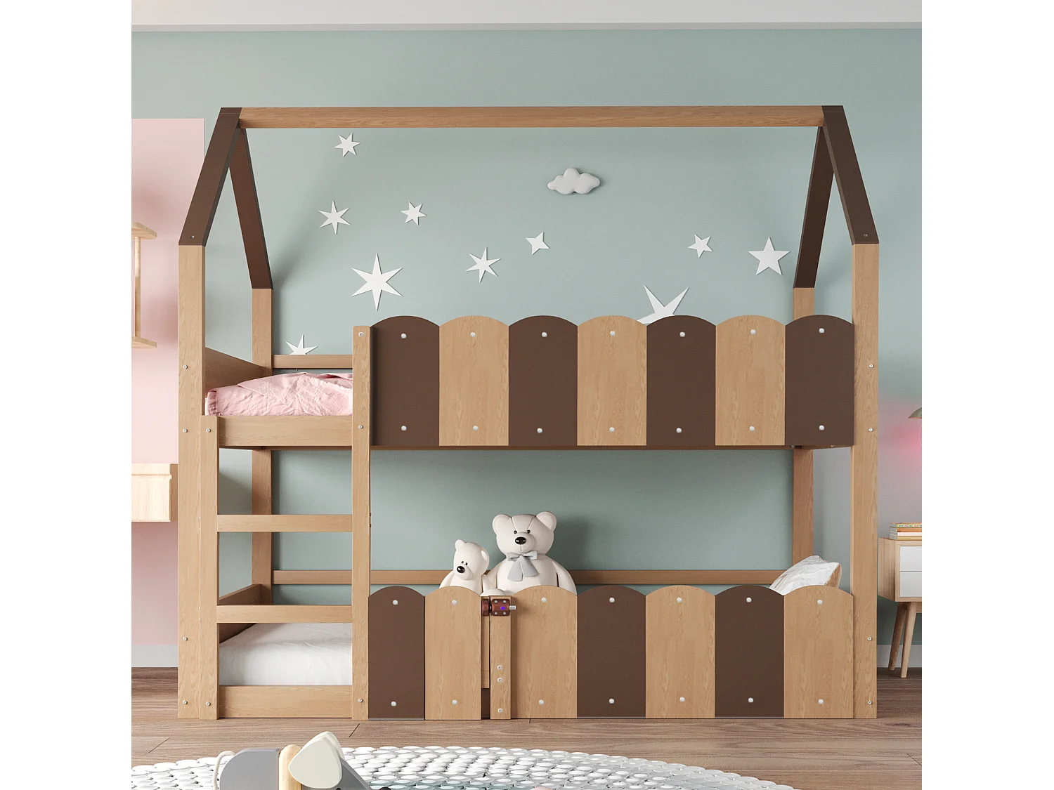 Kinder-Etagenbett - 2 x 90 x 200 cm - Wohndesign mit Absturzsicherung - Holz - Natur
