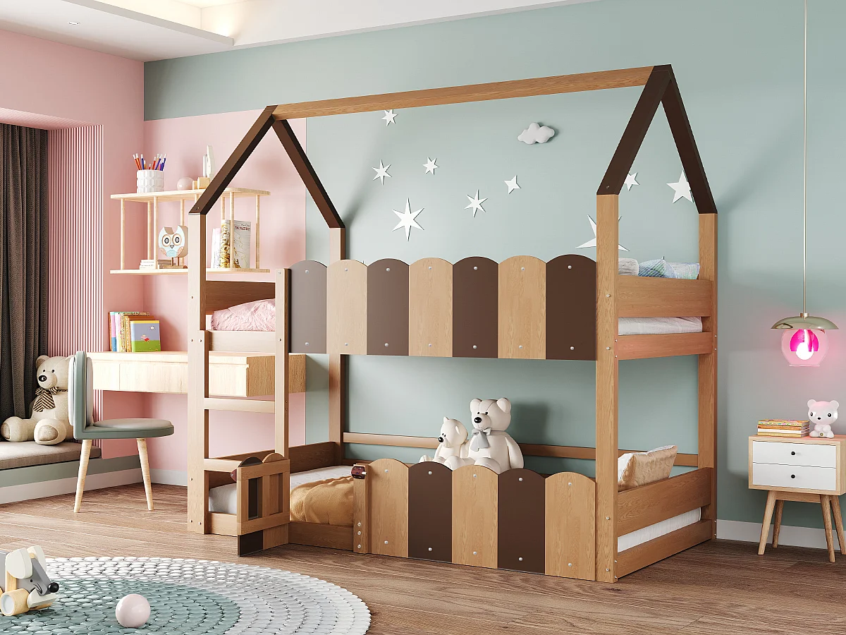 Kinder-Etagenbett - 2 x 90 x 200 cm - Wohndesign mit Absturzsicherung - Holz - Natur