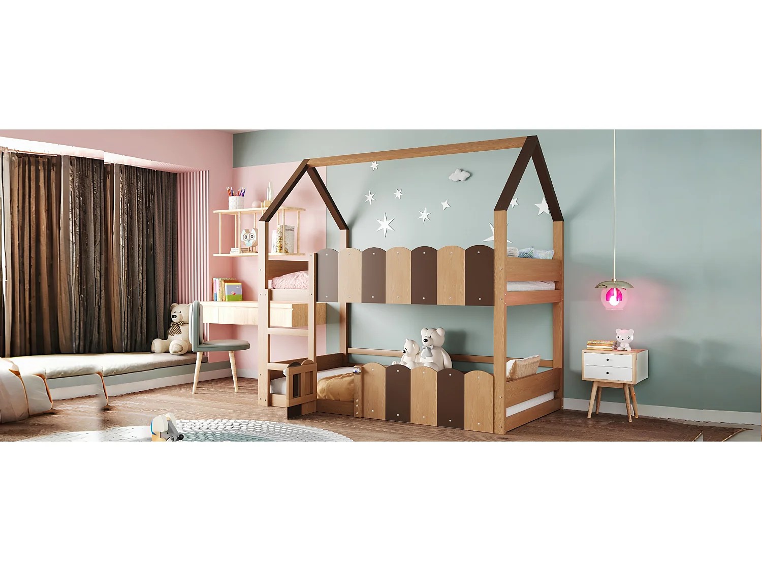 Kinder-Etagenbett - 2 x 90 x 200 cm - Wohndesign mit Absturzsicherung - Holz - Natur