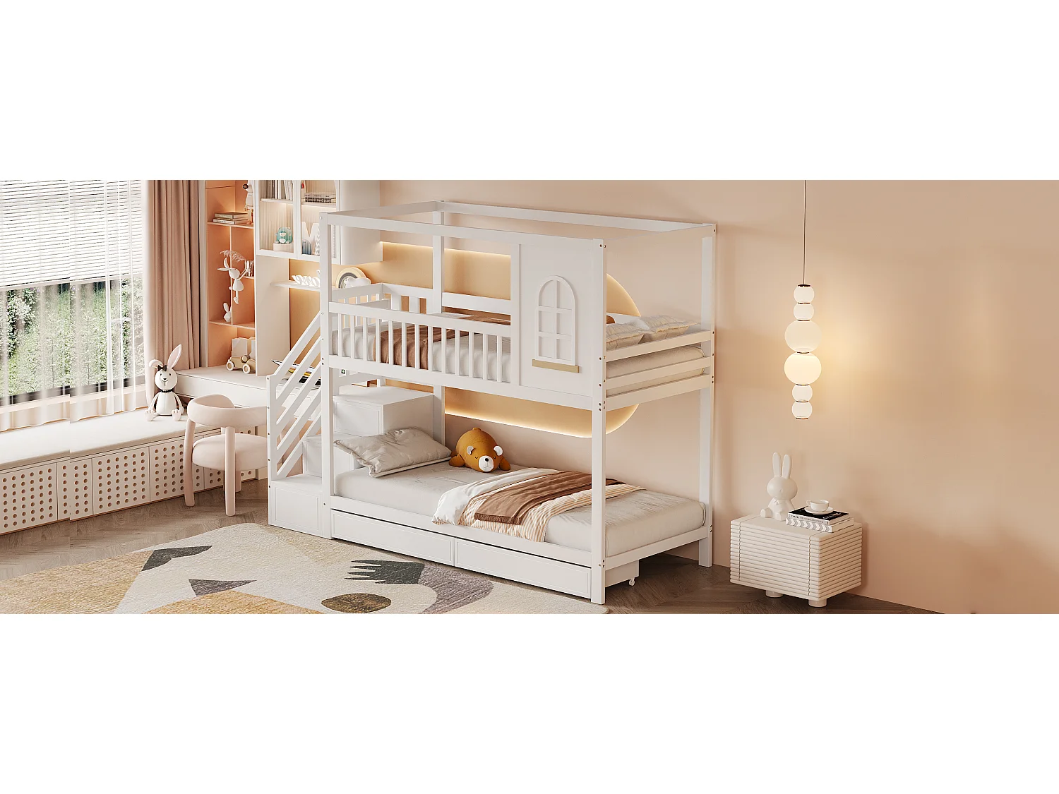 Lits superposés 2 x 90 x 200 cm avec 2 tiroirs + étaères de rangement + escalier - bois massif - blanc