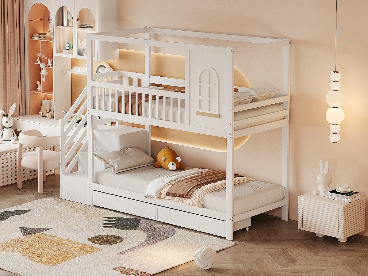 Lits superposés 2 x 90 x 200 cm avec 2 tiroirs + étaères de rangement + escalier - bois massif - blanc