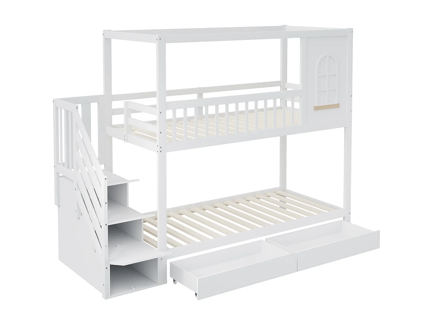 Lits superposés 2 x 90 x 200 cm avec 2 tiroirs + étaères de rangement + escalier - bois massif - blanc