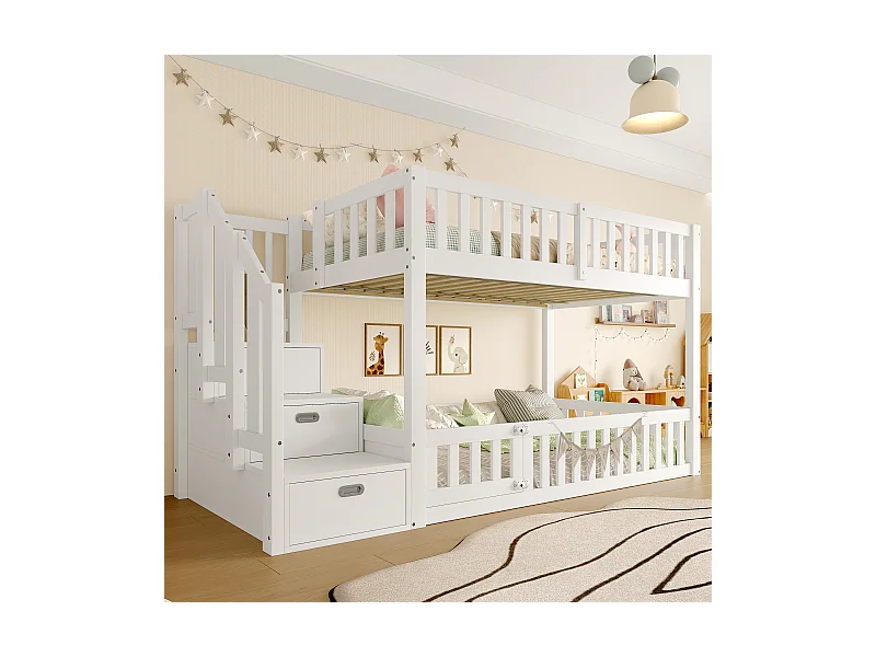 Litera infantil - 2 x 90 x 200 cm - escalera con espacio de almacenamiento - MDF + madera - blanco