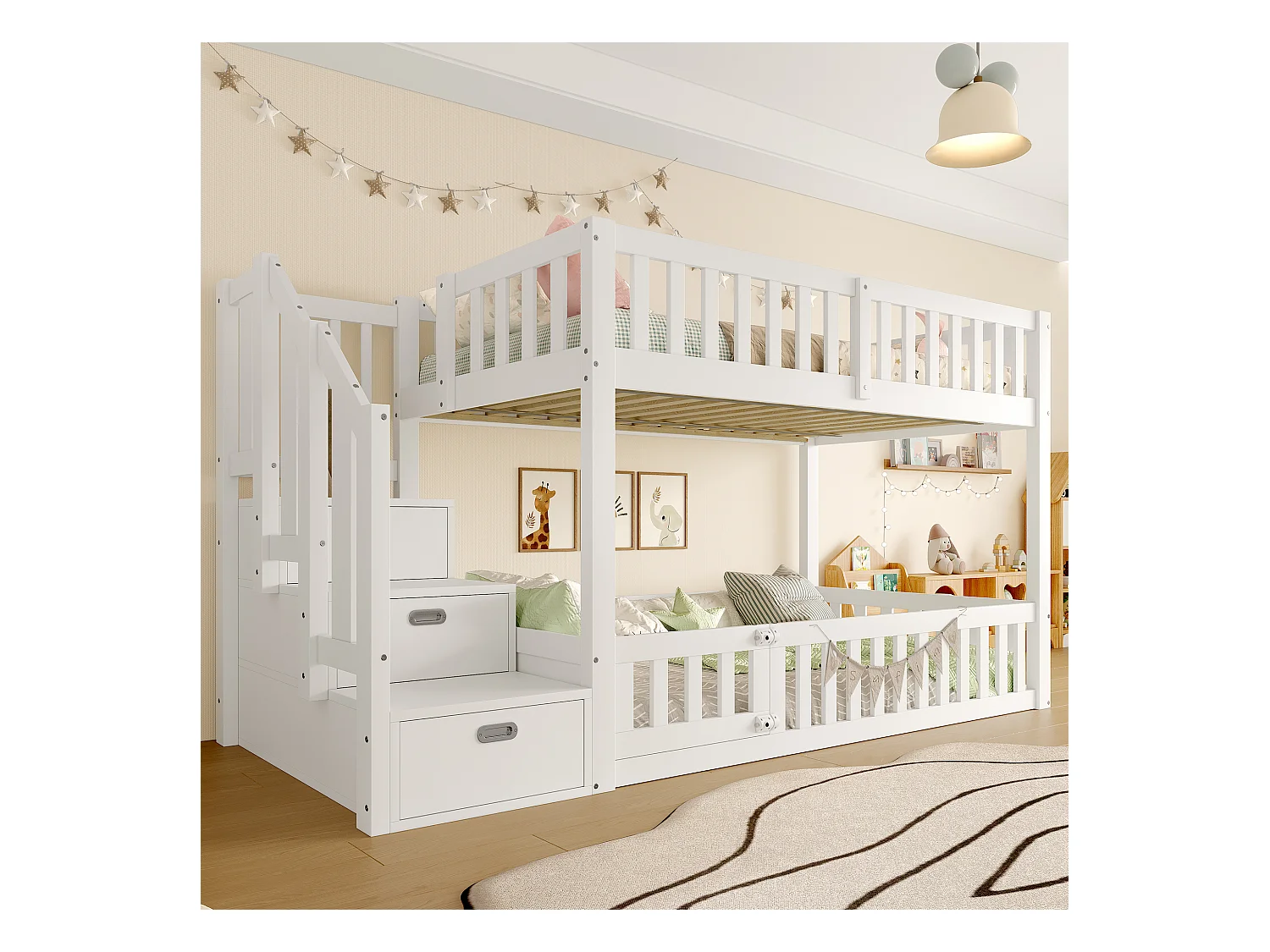 Litera infantil - 2 x 90 x 200 cm - escalera con espacio de almacenamiento - MDF + madera - blanco