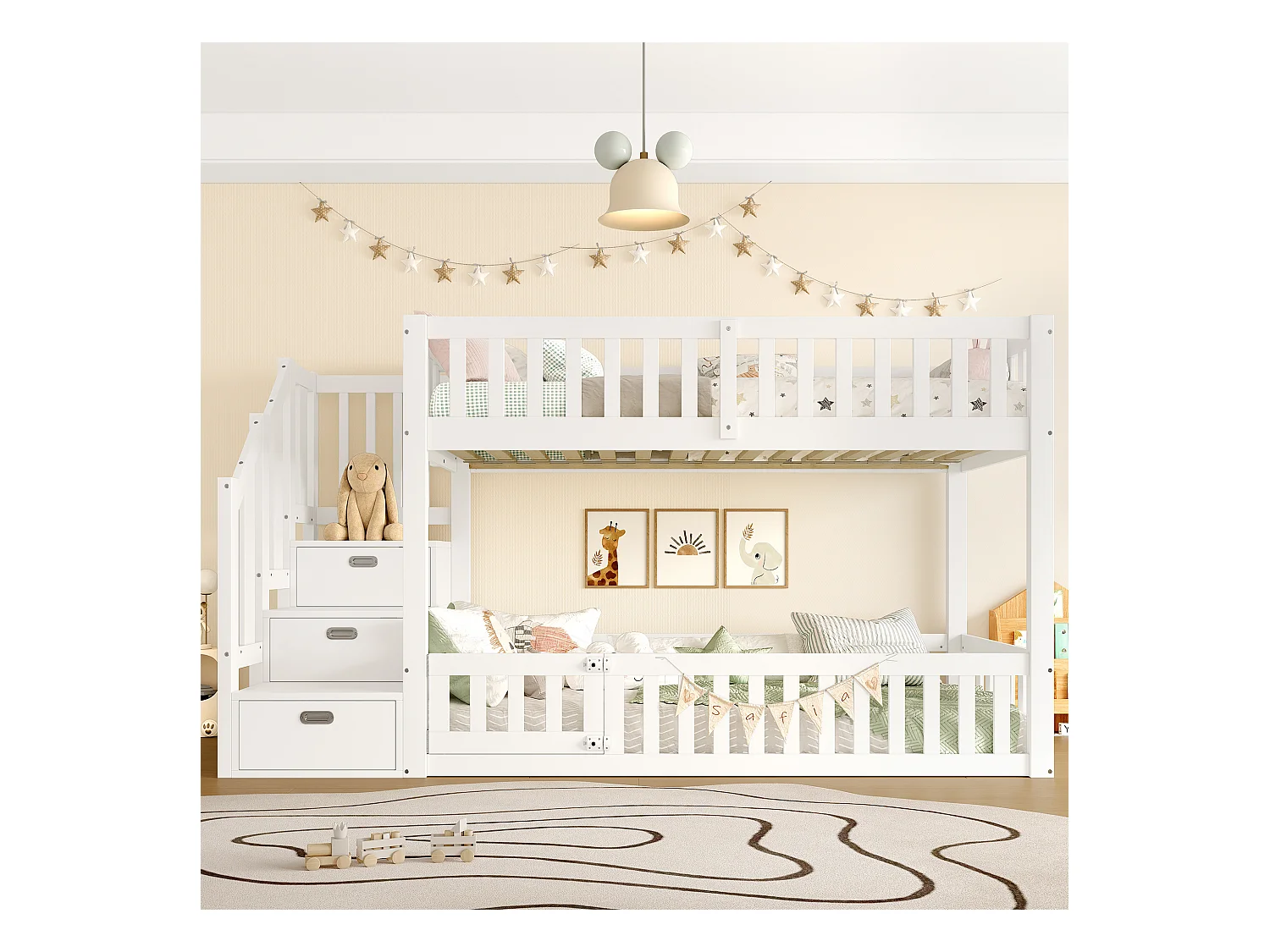 Litera infantil - 2 x 90 x 200 cm - escalera con espacio de almacenamiento - MDF + madera - blanco