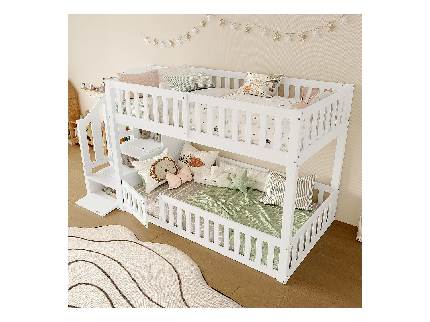 Litera infantil - 2 x 90 x 200 cm - escalera con espacio de almacenamiento - MDF + madera - blanco