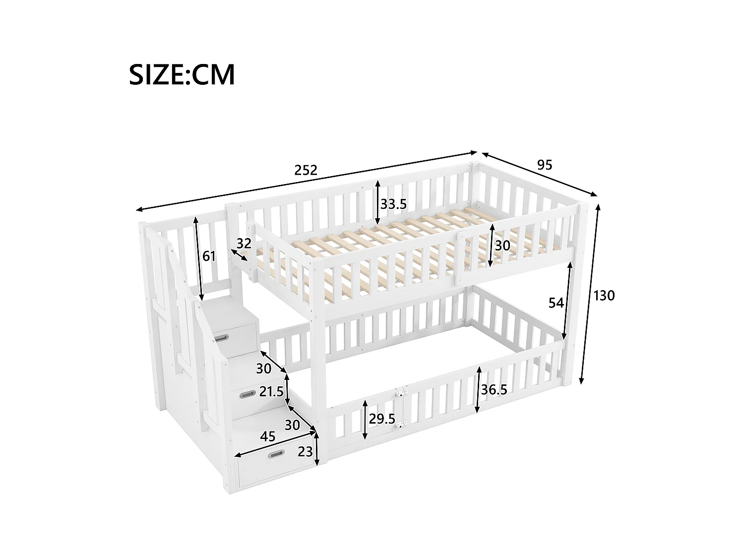 Litera infantil - 2 x 90 x 200 cm - escalera con espacio de almacenamiento - MDF + madera - blanco