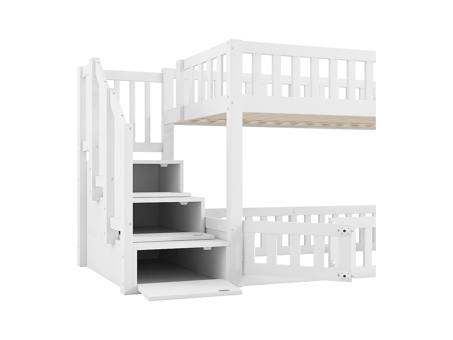 Litera infantil - 2 x 90 x 200 cm - escalera con espacio de almacenamiento - MDF + madera - blanco