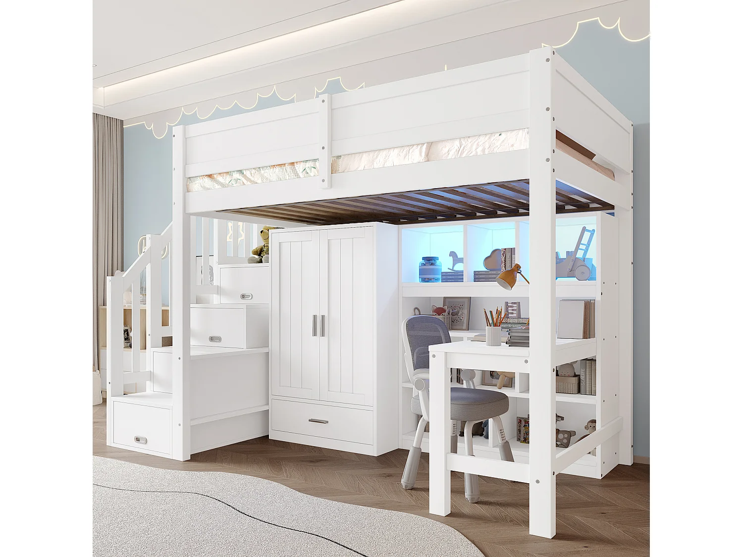 Lit mezzanine enfant - 90 x 200 cm - avec bureau + étagère + armoire + escalier de rangement + Leds - MDF + bois - blanc