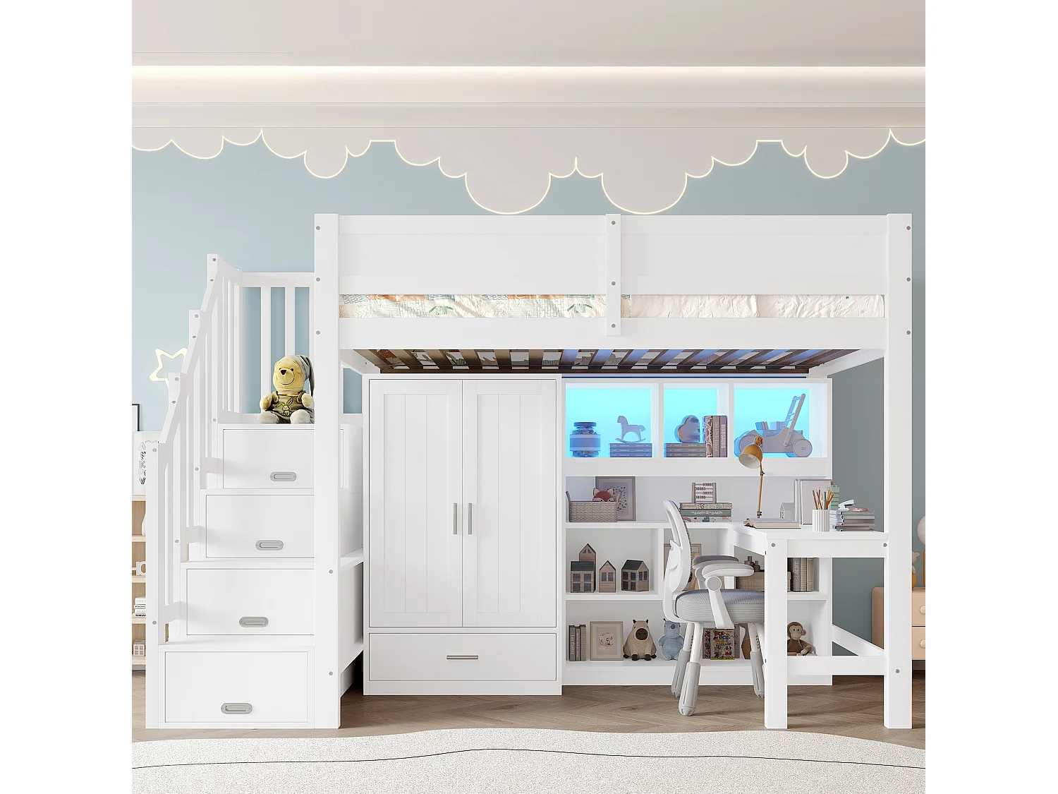 Lit mezzanine enfant - 90 x 200 cm - avec bureau + étagère + armoire + escalier de rangement + Leds - MDF + bois - blanc