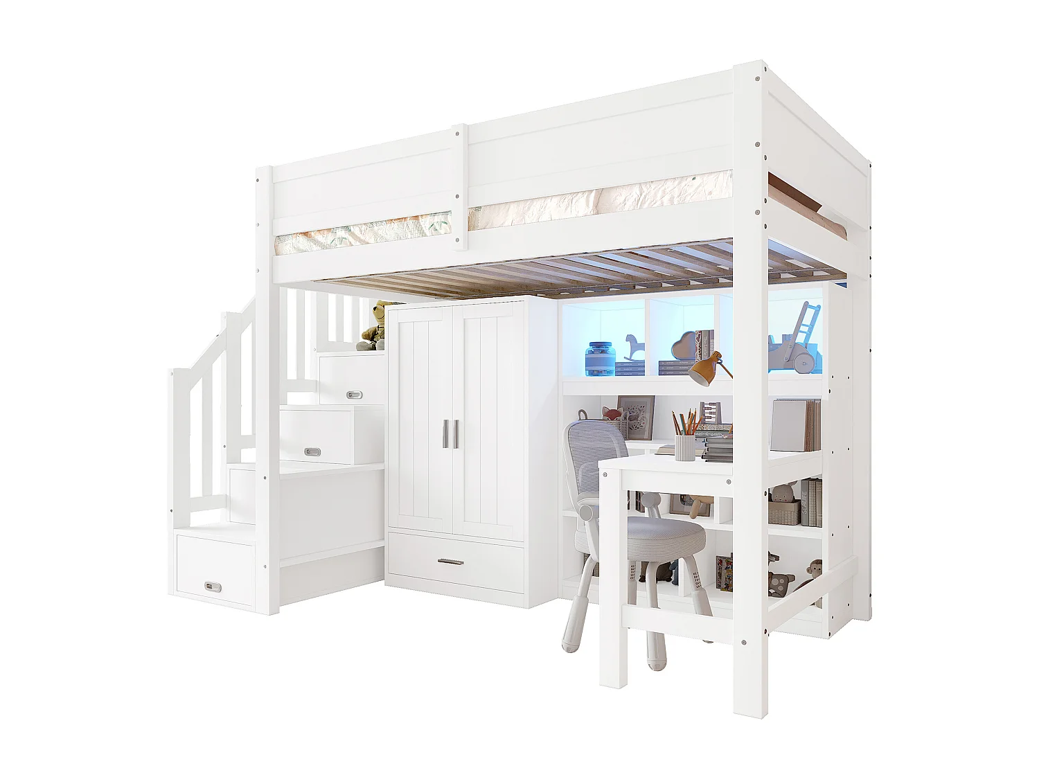Lit mezzanine enfant - 90 x 200 cm - avec bureau + étagère + armoire + escalier de rangement + Leds - MDF + bois - blanc