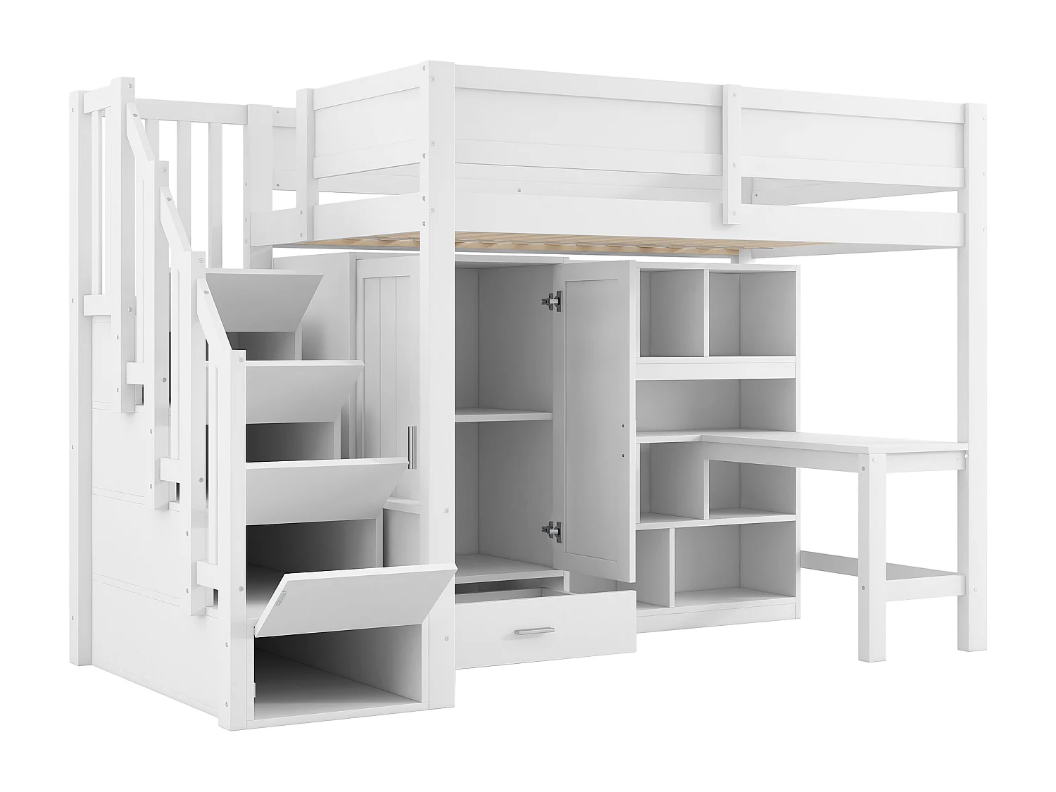 Lit mezzanine enfant - 90 x 200 cm - avec bureau + étagère + armoire + escalier de rangement + Leds - MDF + bois - blanc