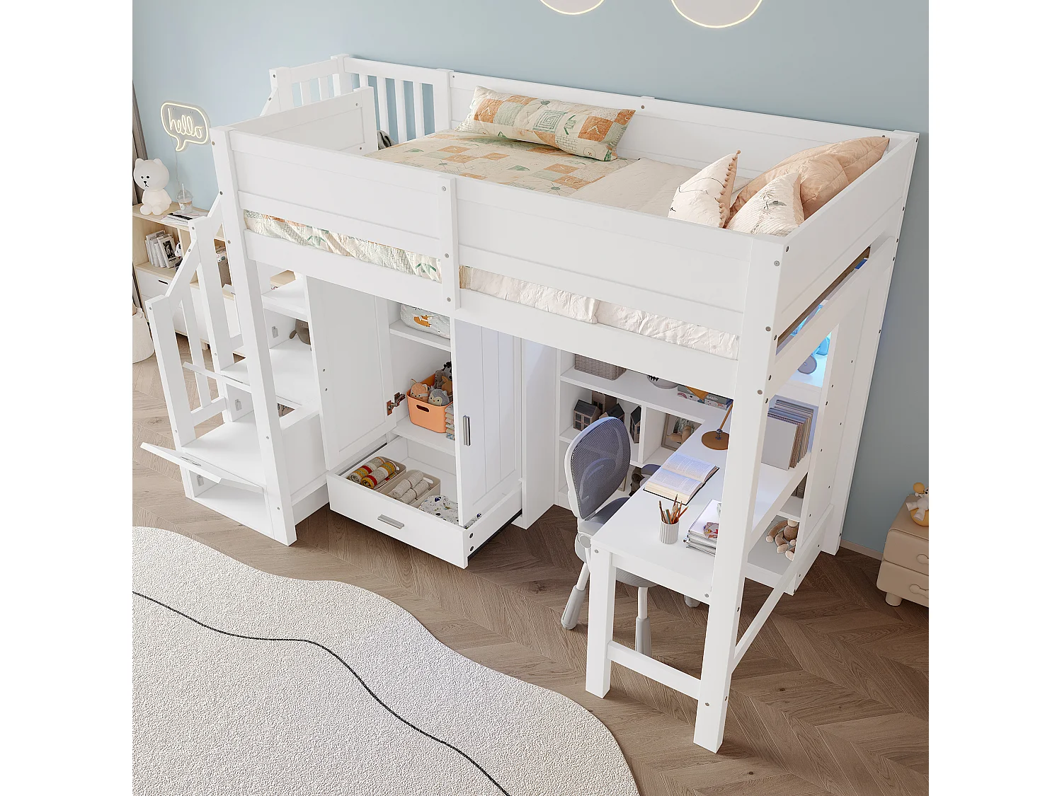 Lit mezzanine enfant - 90 x 200 cm - avec bureau + étagère + armoire + escalier de rangement + Leds - MDF + bois - blanc