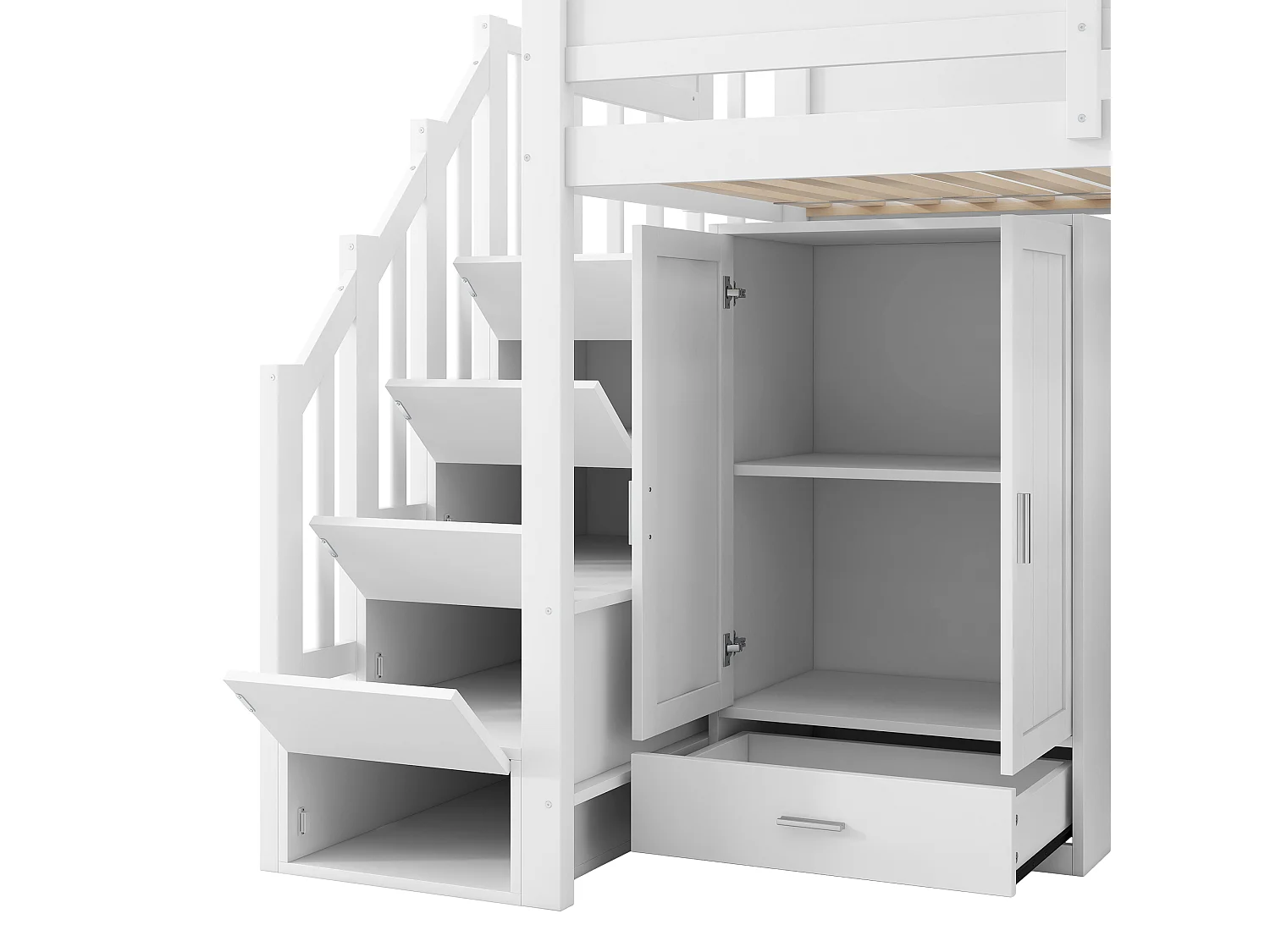 Lit mezzanine enfant - 90 x 200 cm - avec bureau + étagère + armoire + escalier de rangement + Leds - MDF + bois - blanc