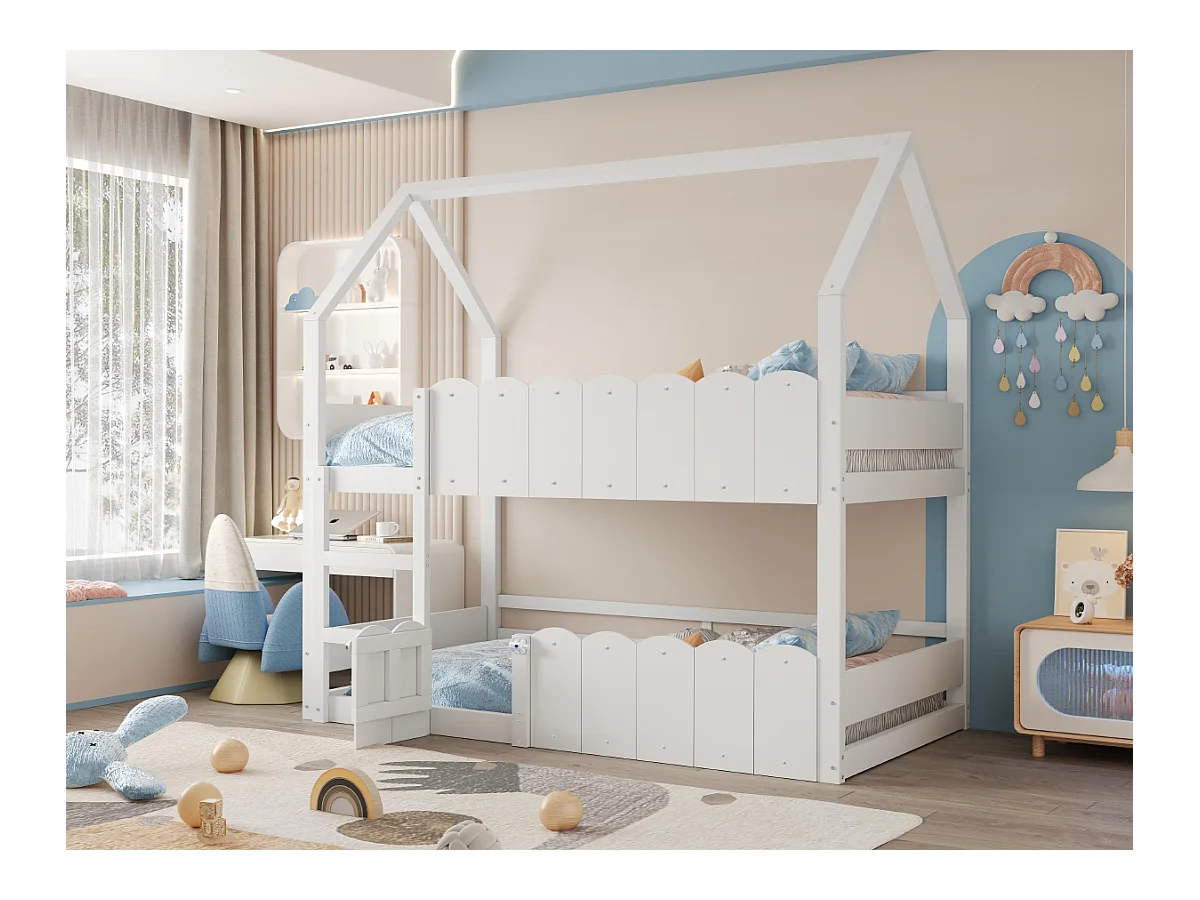 Łóżko piętrowe dla dzieci - 2 x 90 x 200 cm - projekt domowy z barierkami zabezpieczającymi - drewno - białe