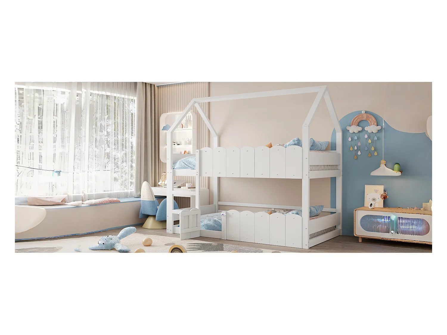 Łóżko piętrowe dla dzieci - 2 x 90 x 200 cm - projekt domowy z barierkami zabezpieczającymi - drewno - białe