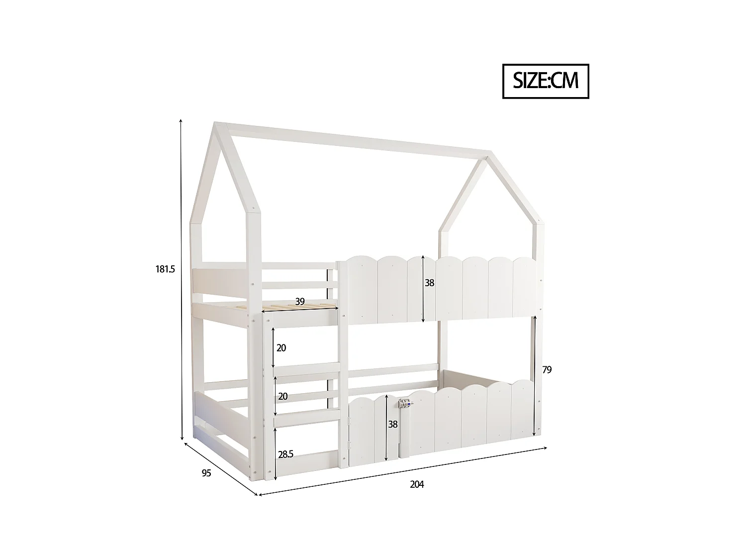 Łóżko piętrowe dla dzieci - 2 x 90 x 200 cm - projekt domowy z barierkami zabezpieczającymi - drewno - białe