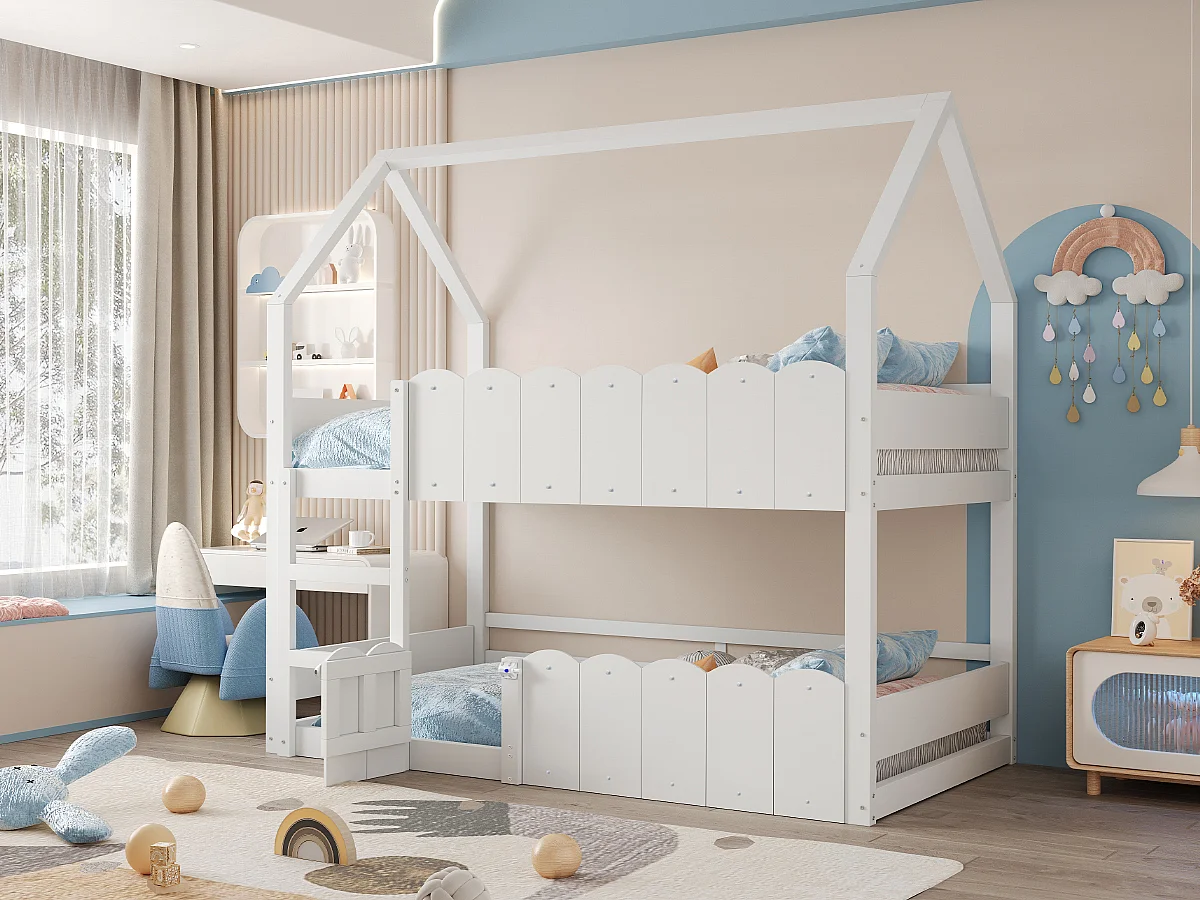 Kinder-Etagenbett - 2 x 90 x 200 cm - Wohndesign mit Absturzsicherung - Holz - Weiß