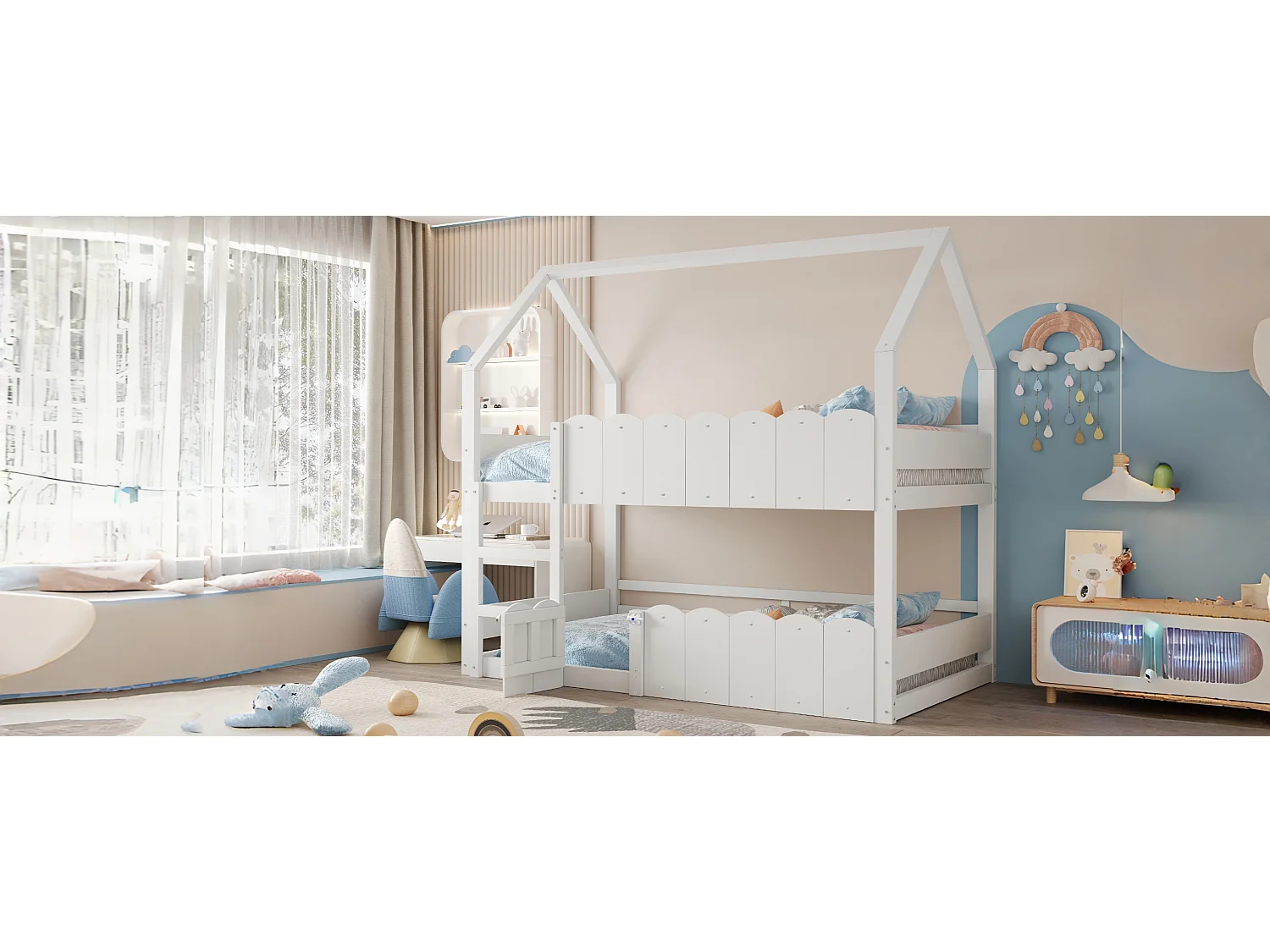 Kinder-Etagenbett - 2 x 90 x 200 cm - Wohndesign mit Absturzsicherung - Holz - Weiß