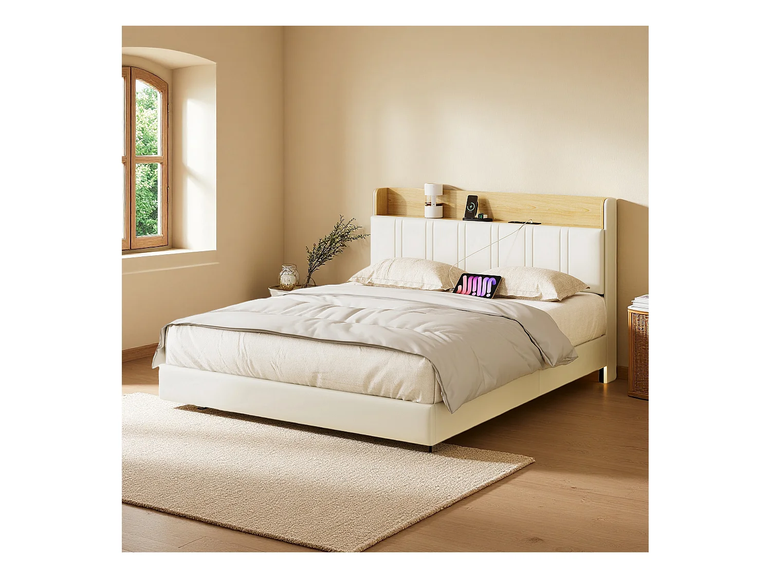 Lit 160x200 cm avec LED et USB - lit adulte 160x200 cm - cadre de lit double 160x200 cm avec sommier à lattes - lit flottement 160x200 cm - tissu en PU - beige
