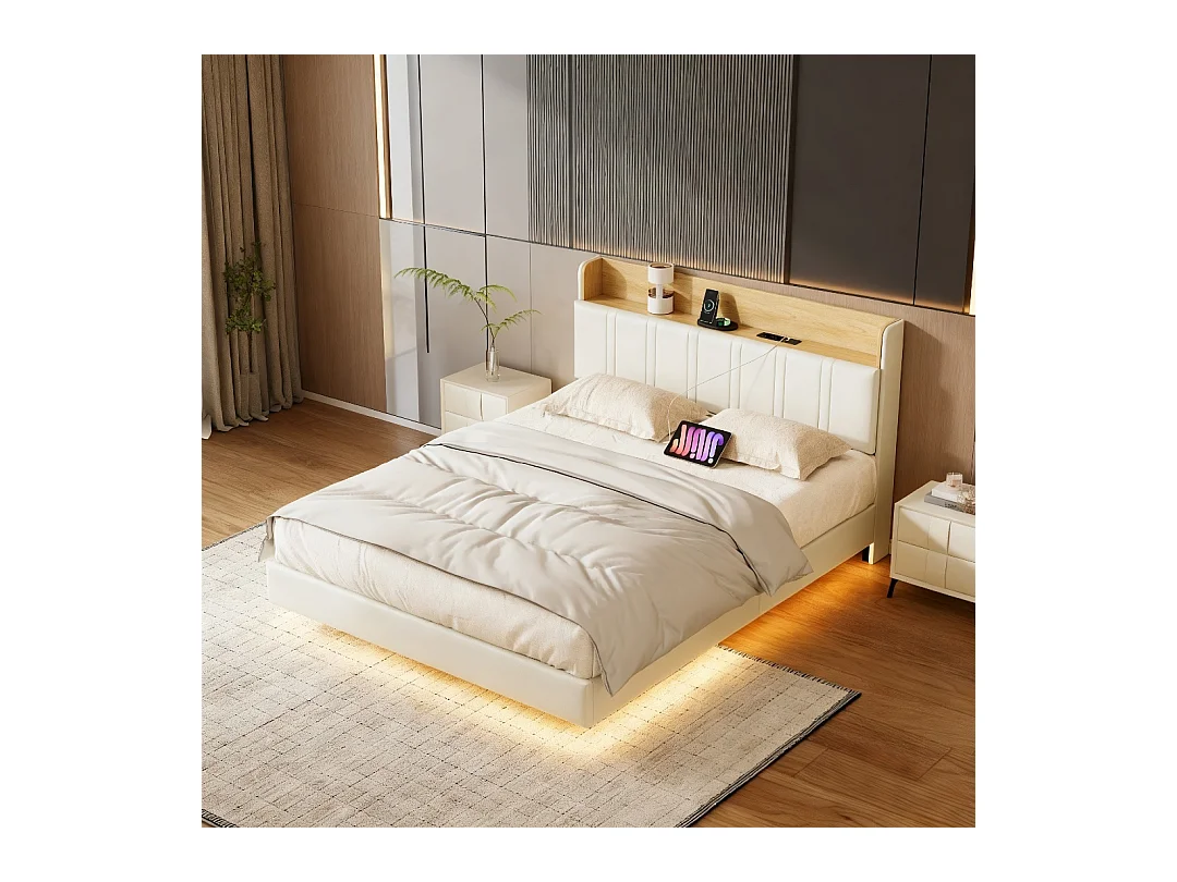 Lit 160x200 cm avec LED et USB - lit adulte 160x200 cm - cadre de lit double 160x200 cm avec sommier à lattes - lit flottement 160x200 cm - tissu en PU - beige