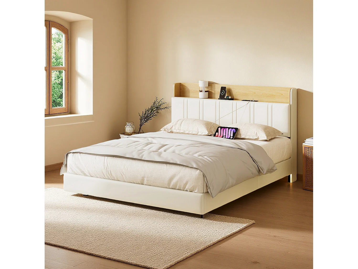 Lit 160x200 cm avec LED et USB - lit adulte 160x200 cm - cadre de lit double 160x200 cm avec sommier à lattes - lit flottement 160x200 cm - tissu en PU - beige