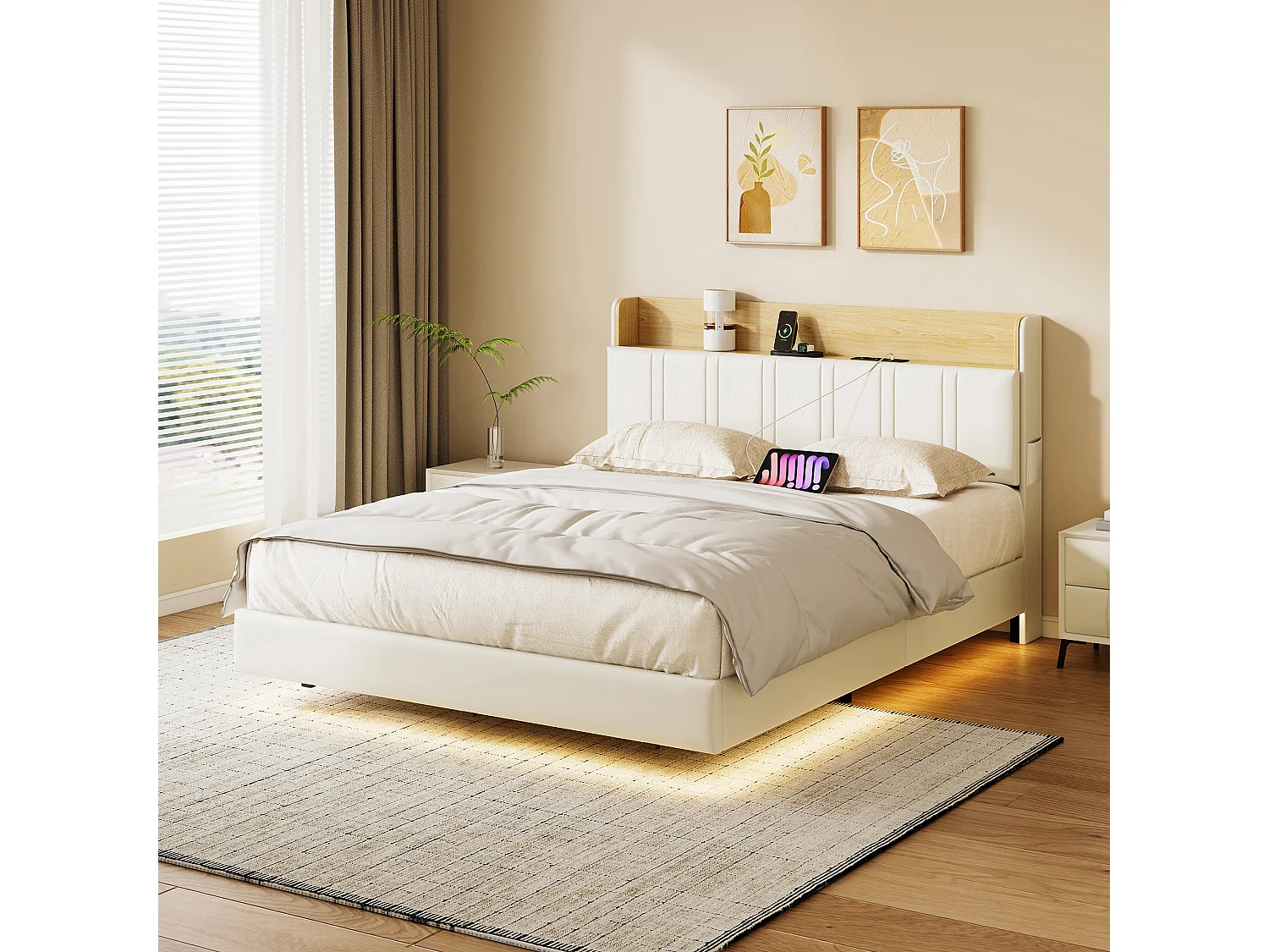 Lit flottant 160x200 cm en PU beige - Lit adulte double avec sommier à lattes, éclairage LED intégré et port USB
