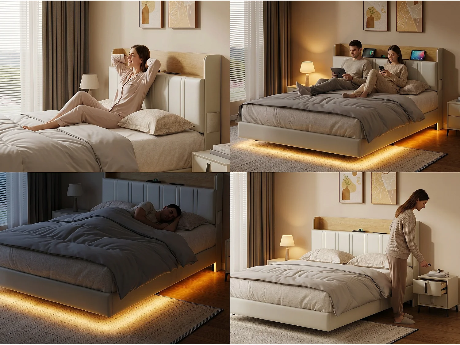 Lit flottant 160x200 cm en PU beige - Lit adulte double avec sommier à lattes, éclairage LED intégré et port USB