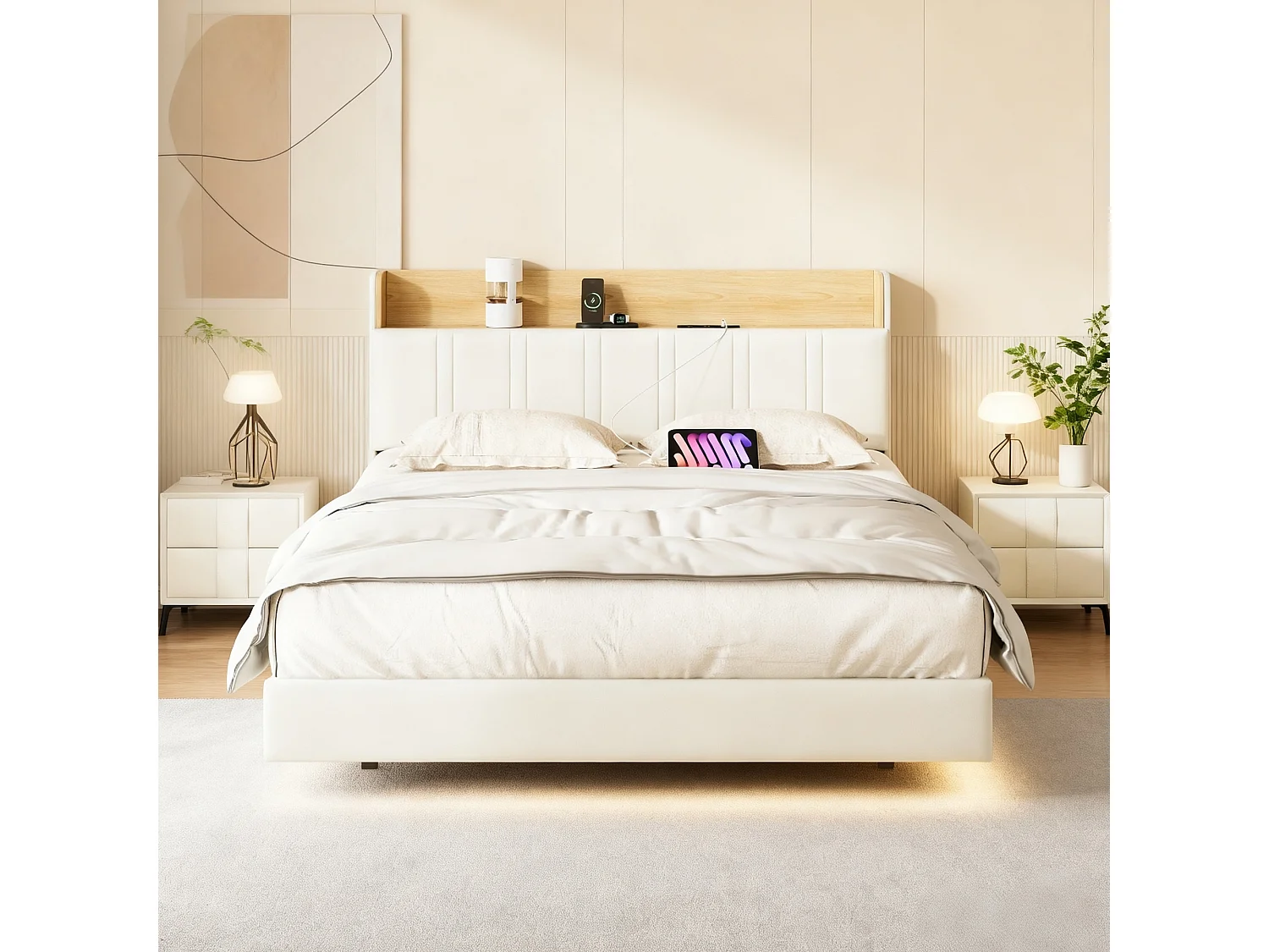 Lit 140x200 cm avec LED et USB - lit adulte 140x200 cm - cadre de lit double 140x200 cm avec sommier à lattes - lit flottement 140x200 cm - tissu en PU - beige