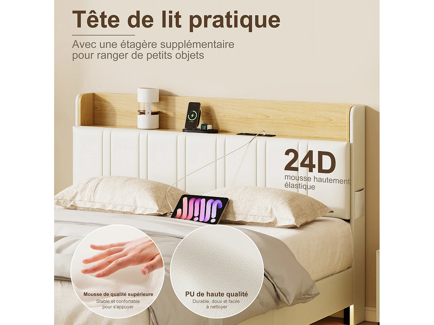 Lit flottant 140x200 cm en PU beige - Lit adulte double avec sommier à lattes, éclairage LED intégré et port USB