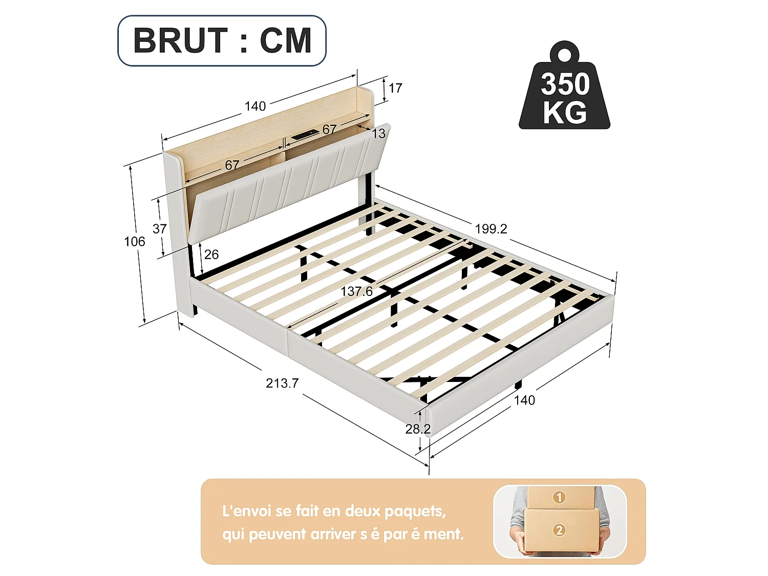 Lit flottant 140x200 cm en PU beige - Lit adulte double avec sommier à lattes, éclairage LED intégré et port USB