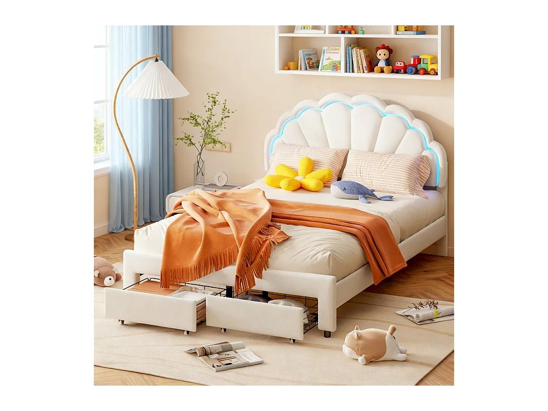 Lit 140x200 cm - lit  enfant 140x200 cm avec Led - tissu en velours - cadre de lit tiroir 140x200 cm - blanc