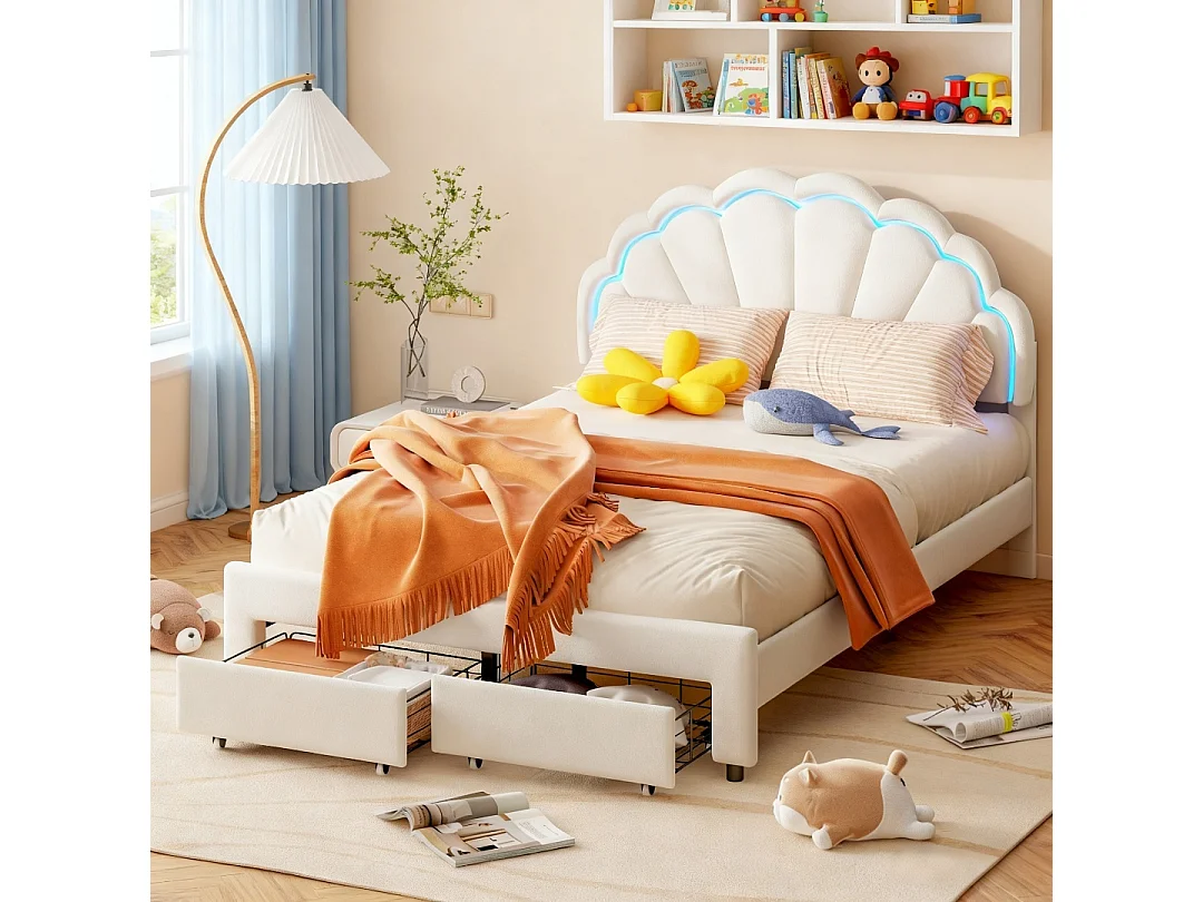 Lit 140x200 cm - lit  enfant 140x200 cm avec Led - tissu en velours - cadre de lit tiroir 140x200 cm - blanc