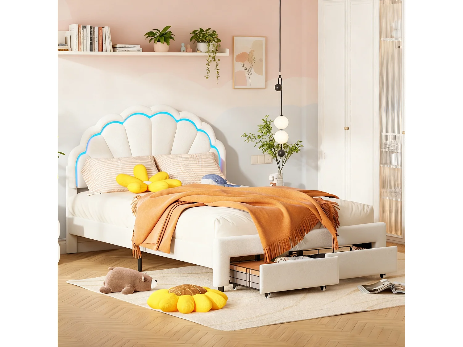 Lit 140x200 cm - lit  enfant 140x200 cm avec Led - tissu en velours - cadre de lit tiroir 140x200 cm - blanc