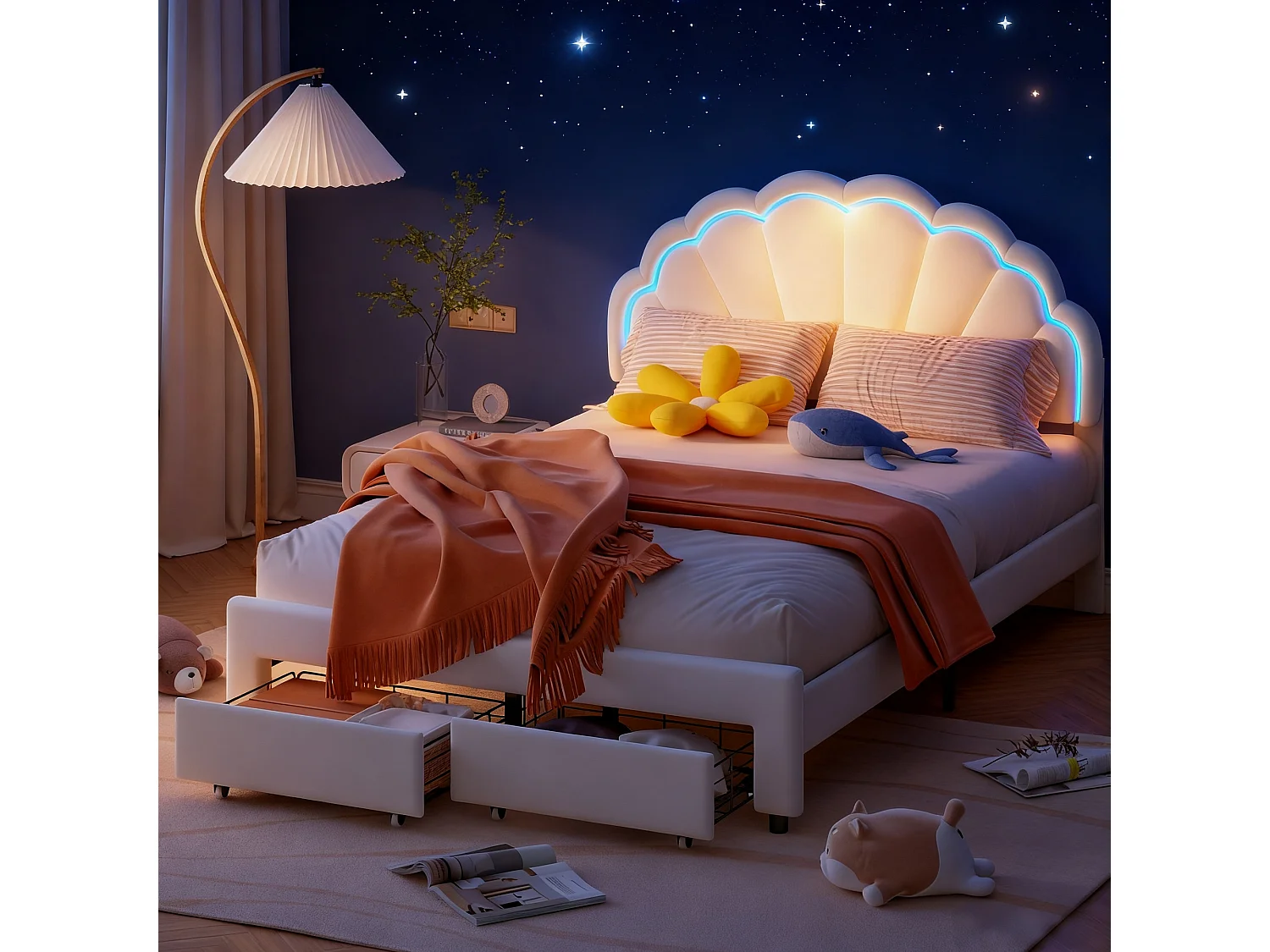 Lit 140x200 cm - lit  enfant 140x200 cm avec Led - tissu en velours - cadre de lit tiroir 140x200 cm - blanc