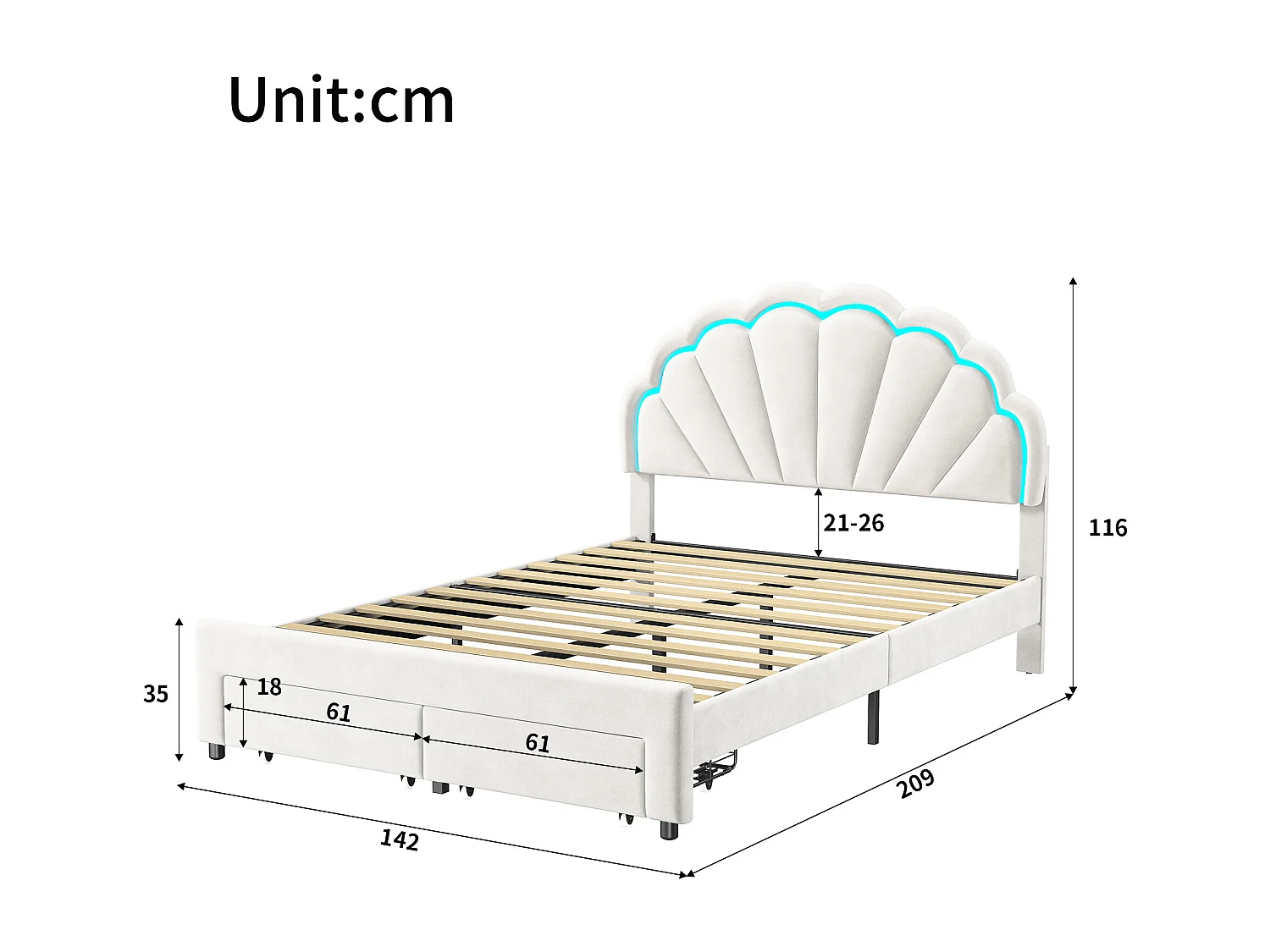 Lit 140x200 cm - lit  enfant 140x200 cm avec Led - tissu en velours - cadre de lit tiroir 140x200 cm - blanc